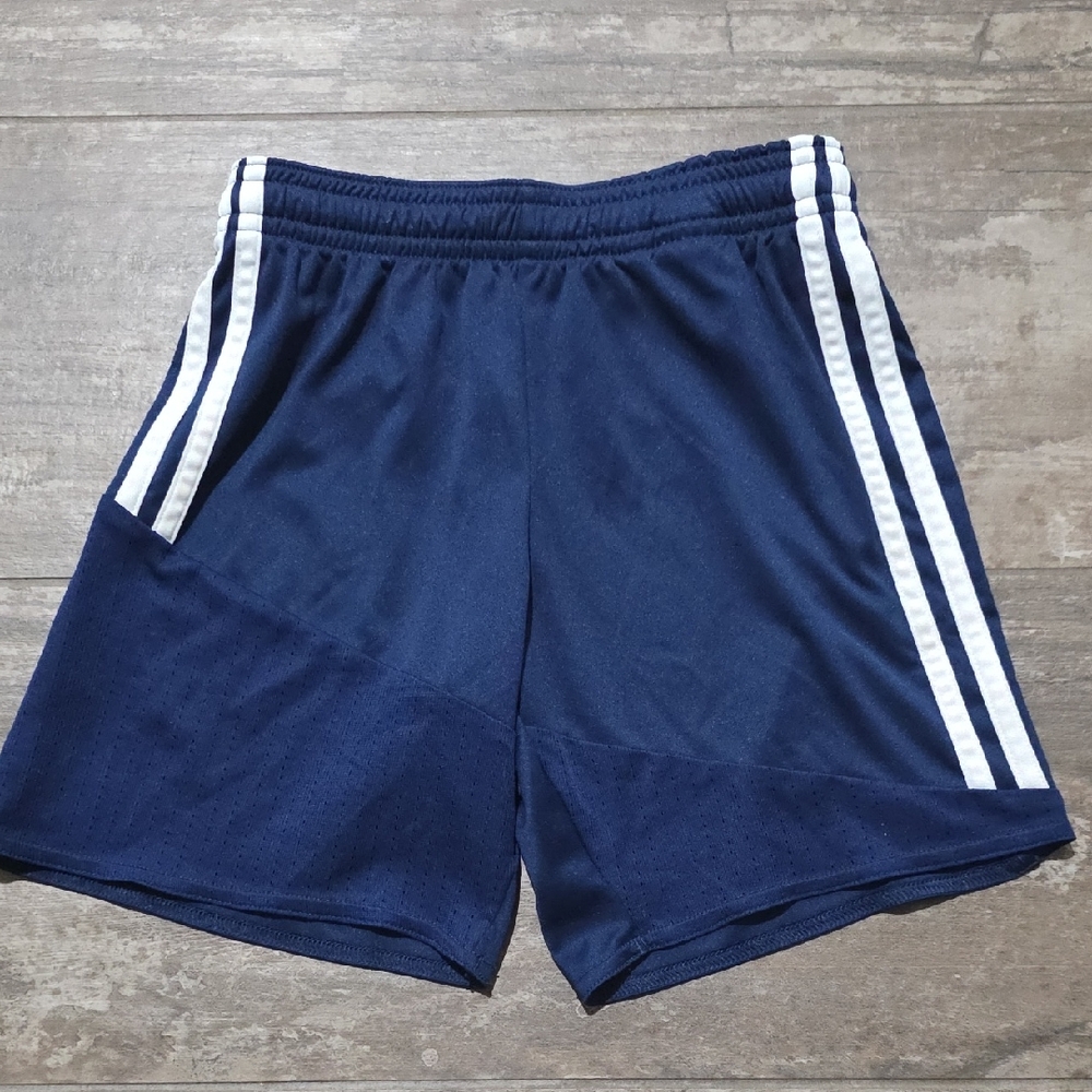 adidas Boys Dark Blue Athletic Shorts with White Stripes